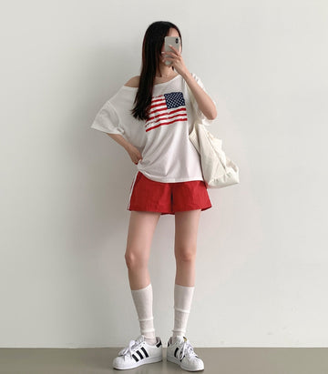 American Flag Loose Fit One Off Shoulder Short Sleeve T-shirt